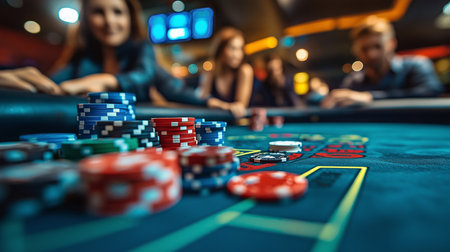 Poker chips stacked on a green felt roulette table with gamblers playing in the background in a casinoの写真素材