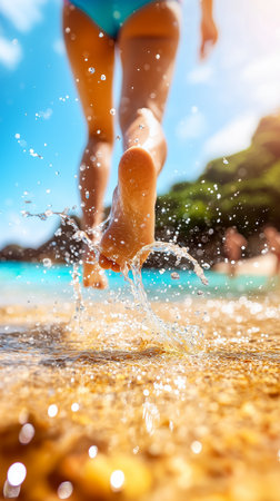 Woman running on the beach splashing water having fun on a sunny summer dayの写真素材