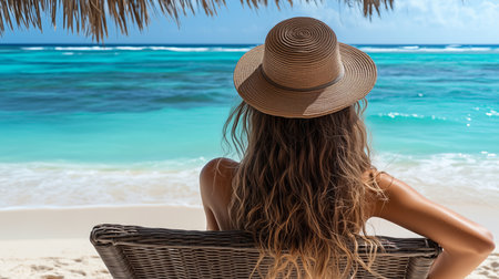 Young woman with straw hat sitting on beach chair is looking at beautiful tropical seaの写真素材