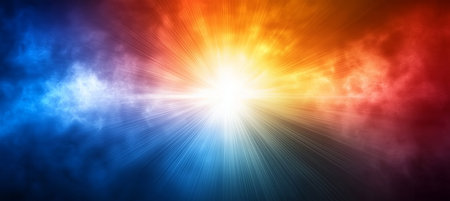 Powerful light beams exploding from the center surrounded by blue and orange cloudsの写真素材
