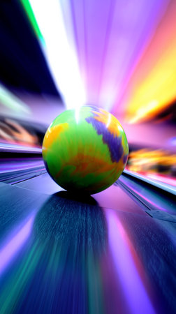Green, purple and orange bowling ball rolling down the lane in a bowling alley with motion blur effectの写真素材