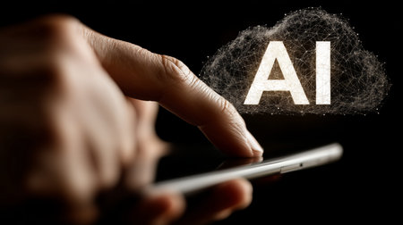 Close up of a businessman touching ai cloud symbol on smartphone, accessing artificial intelligence cloud computing systemの写真素材