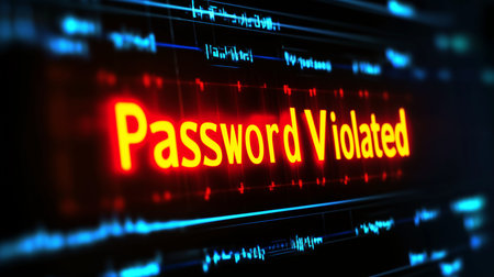 Glowing red alert of password violation flashing on a digital screen. Serious data breach and...