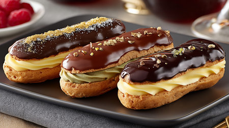 Three freshly made chocolate eclairs filled with vanilla and pistachio cream, beautifully arranged...