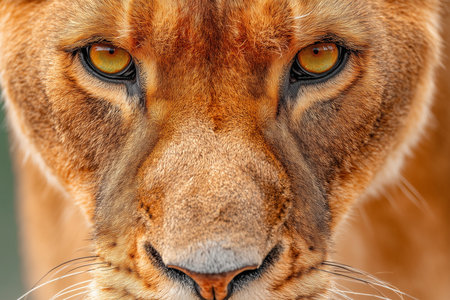 Close-up of a lioness with intense stare, highlighting her strength and beauty in the wild