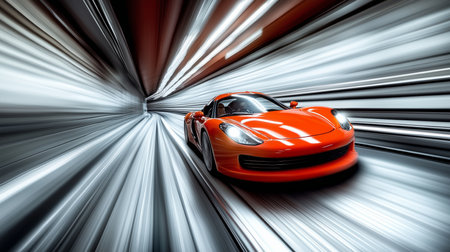 Red sports car driving fast in a tunnel with motion blur effectの写真素材