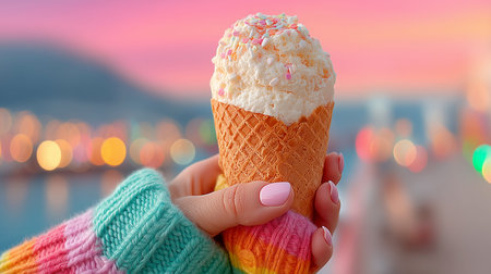 Woman wearing colorful clothes enjoying ice cream cone with sprinkles at sunset with city lights...