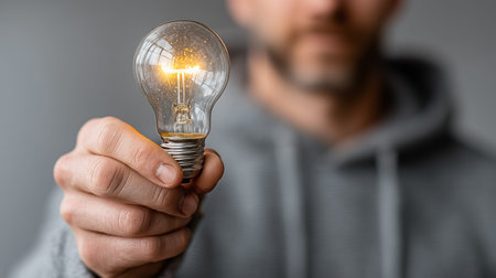 Close up of man holding a brightly lit light bulb, representing inspiration, creativity, and...