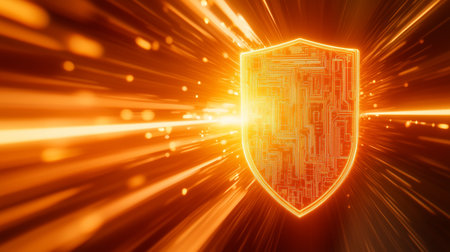 Glowing golden shield with electronic circuit is protecting data flows, creating digital security