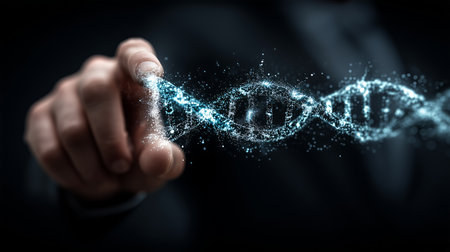 Close up of hand interacting with a digital dna chain made of light particles, concept of genetic engineeringの写真素材