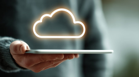 Close up of businessman holding a tablet with a glowing cloud computing symbol floating above,...