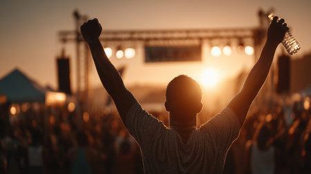 Back view of a male music fan enjoying the sunset and raising his arms at an outdoor concert