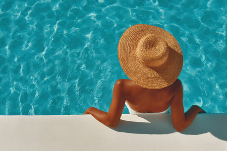 Top view of woman wearing a straw hat relaxing in a turquoise swimming pool during summer vacation