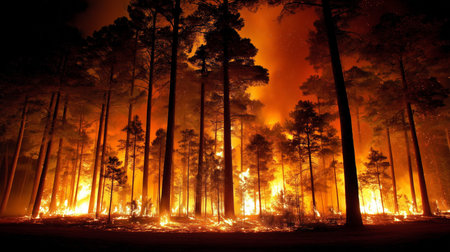Intense flames engulfing trees in a forest fire at night, creating a dramatic and devastating scene