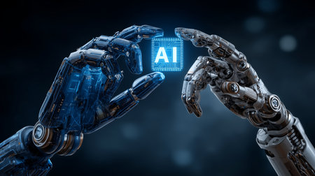 Two robotic hands holding an AI chip, symbolizing advanced technologyの写真素材