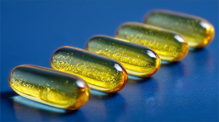 Close-up of five translucent omega3 healthy supplement capsules on a reflective surfaceの写真素材
