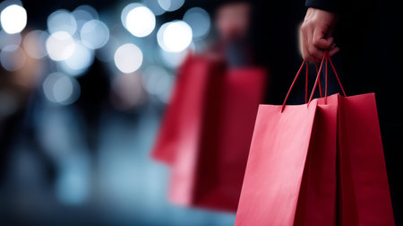 Woman holding shopping bags in a mall with blurred lights in the backgroundの写真素材