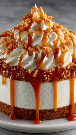 Close up of luscious cheesecake topped with caramel and whipped cream on a plateの写真素材