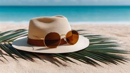 Summer accessories placed on a palm leaf evoke a sense of relaxation and tropical getaway conceptの写真素材