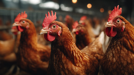 Close up of brown hens standing in a chicken coop at a poultry farm