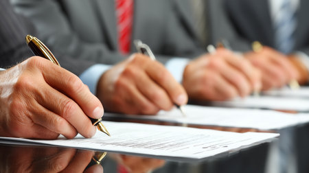 Close up of business partners signing important documents during a business meetingの写真素材