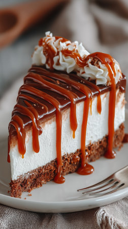 Creamy cheesecake slice dripping with caramel and topped with whipped cream, creating a tempting dessertの写真素材