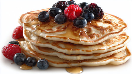 Delicious pancakes are topped with fresh blueberries, raspberries, and blackberries and dripping with golden syrup isolated on white backgroundの写真素材