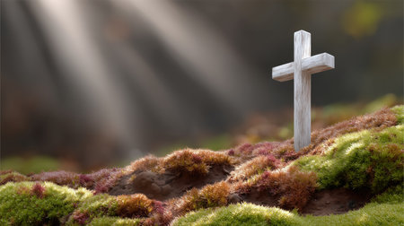 Sunbeams shining down on a wooden Christian cross standing on mossy ground, symbolizing hope, faith, and resurrectionの写真素材