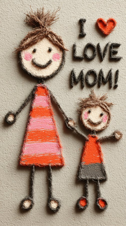 Yarn figures of a mother and child holding hands with the words i love mom displayedの写真素材