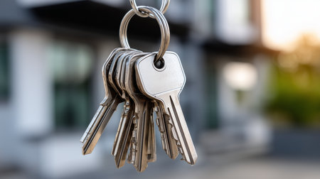 Close up of keys hanging from a metal ring representing security, access, and homeownership, with a blurred residential building in the backgroundの写真素材