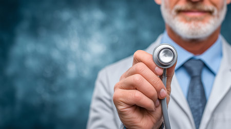 Senior doctor holding a stethoscope during medical checkup, promoting healthcare and medical...