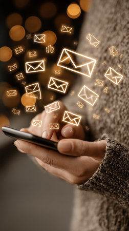 Close up of woman holding smartphone with email icons floating above. Online communication and connectivity concept.の写真素材