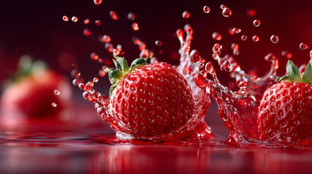 Fresh strawberries creating a splash as they fall into red water, perfect for food and beverage advertisingの写真素材