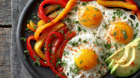 Healthy breakfast including fried eggs with colorful bell peppers and avocado slices seasoned with paprika and parsleyの写真素材