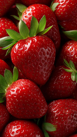 Ripe red strawberries with green leaves create a vibrant and delicious displayの写真素材