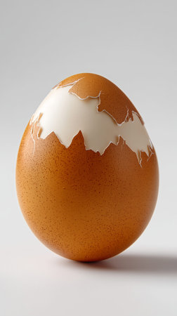 Close-up of a partially hatched brown egg revealing the white beneath its cracked shell