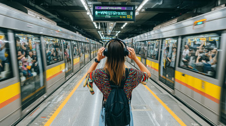 Rear view of woman tourist listening music with headphones on subway platform with blurred train...