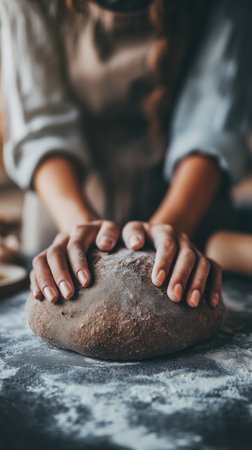 Close up of baker gently kneading whole wheat dough on floured surface, preparing to make homemade breadの写真素材
