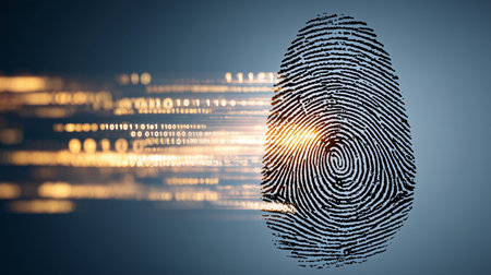 Abstract background of a fingerprint being scanned with binary code representing cybersecurity, data...
