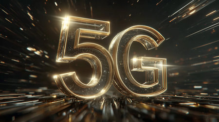 Shiny golden 5g logo represents the latest generation of wireless network technology, promising...