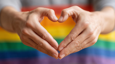 Hands making heart shape against rainbow flag, celebrating lgbtq+ pride and inclusivityの写真素材