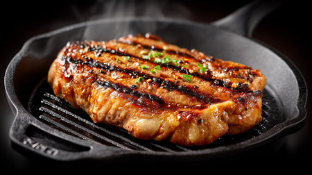 Juicy grilled steak sizzling in a cast iron pan, seasoned with herbs and spices on dark backgroundの写真素材