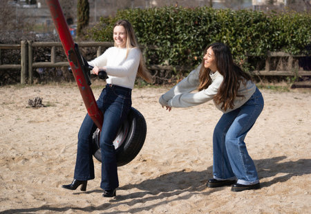 Two young women enjoying a sunny day at the playground, pushing a tire swingの写真素材