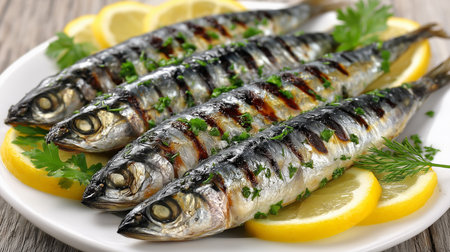 Delicious grilled sardines seasoned with herbs and lemon slices, served on a white plate, offering a healthy and flavorful seafood dishの写真素材