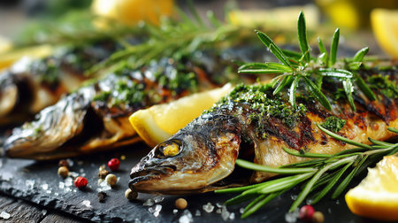 Close up of delicious grilled fish seasoned with fresh rosemary, lemon slices, and spices, served on...