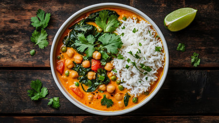 Bowl of delicious vegetarian curry with chickpeas, spinach and rice on rustic wooden tableの写真素材