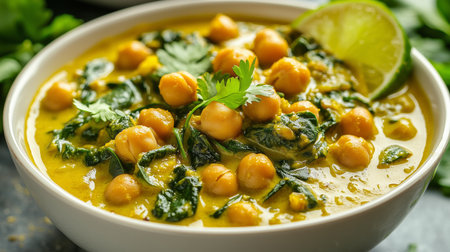 Creamy coconut curry with chickpeas and spinach, garnished with fresh cilantro and a lime wedgeの写真素材