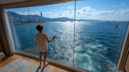 Young boy enjoying breathtaking view of Hong Kong's cityscape and Victoria harbor from a moving luxury apartment in a transatlantic shipの写真素材