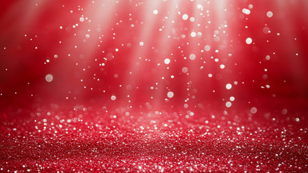 Red glitter background sparkling with falling white particles and light raysの写真素材