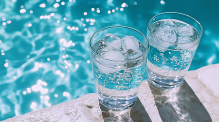 Two glasses of sparkling water with ice cubes sit by a shimmering blue pool on a sunny summer day, offering a refreshing escape from the heatの写真素材